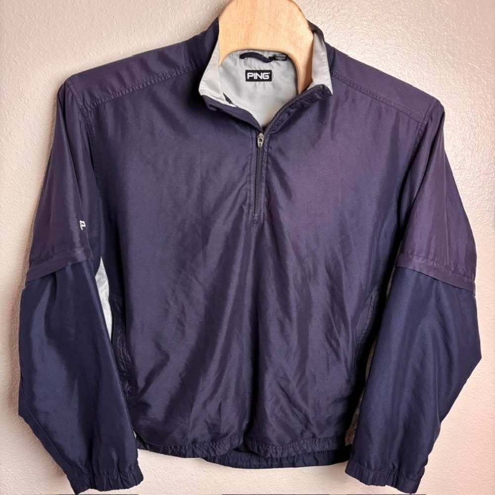 PING Golf Mens Large Navy Blue 1/4 Zip Convertible Zip-Off Sleeve Windbreaker